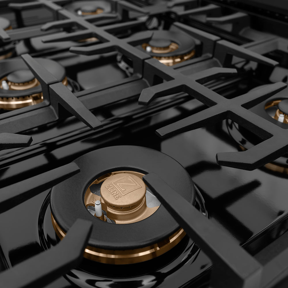 ZLINE 48 in. 6.7 cu. ft. Classic Gas Range with 8 Burner DuoPro™ Cooktop and Dual Ovens in Black Stainless Steel (PCGRB-48) cast-iron grates and large DuoPro™ burner close-up.