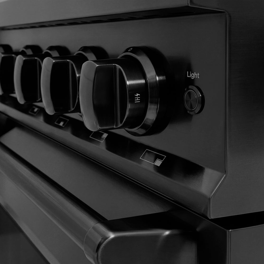 ZLINE 48 in. 6.7 cu. ft. Classic Gas Range with 8 Burner DuoPro™ Cooktop and Dual Ovens in Black Stainless Steel (PCGRB-48) cooktop and oven knobs.
