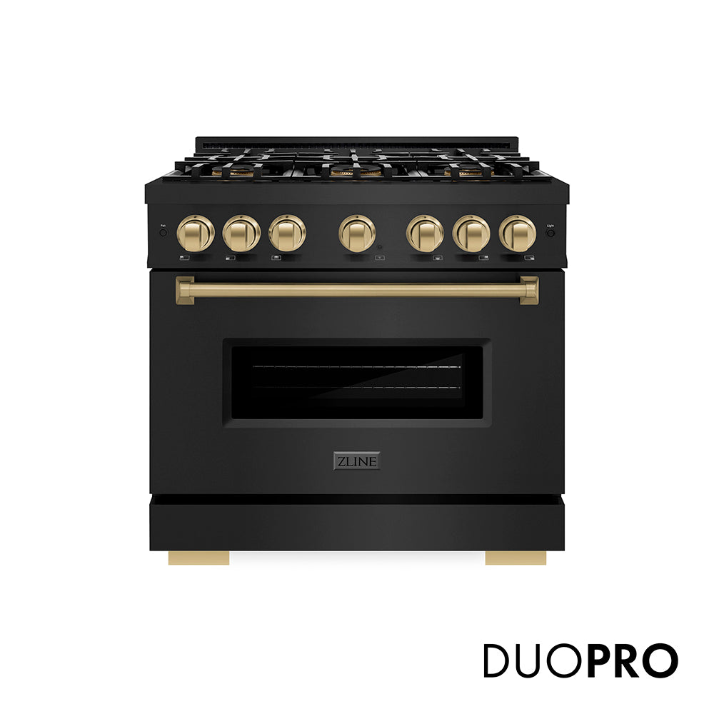 ZLINE Autograph Edition 36 in. 5.2 cu. ft. Classic Gas Range with 6 Burner DuoPro™ Cooktop and Convection Gas Oven in Black Stainless Steel and Champagne Bronze Accents (PCGRBZ-36-CB) front, with DuoPro™ logo.