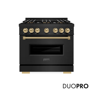 ZLINE Autograph Edition 36 in. 5.2 cu. ft. Classic Gas Range with 6 Burner DuoPro™ Cooktop and Convection Gas Oven in Black Stainless Steel and Champagne Bronze Accents (PCGRBZ-36-CB) front, with DuoPro™ logo.