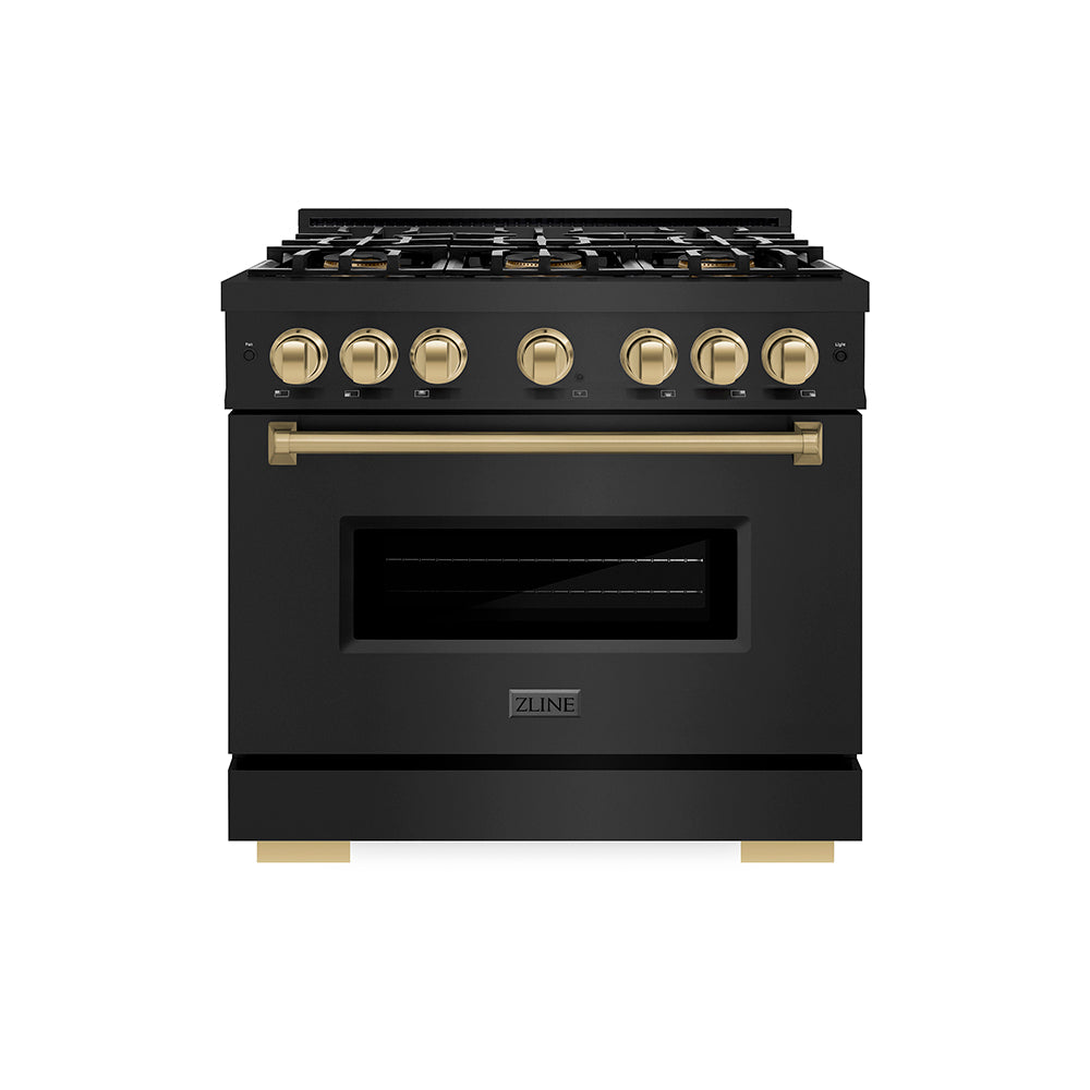 ZLINE Autograph Edition 36 in. 5.2 cu. ft. Classic Gas Range with 6 Burner DuoPro™ Cooktop and Convection Gas Oven in Black Stainless Steel and Champagne Bronze Accents (PCGRBZ-36-CB) front.