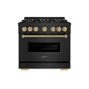 ZLINE Autograph Edition 36 in. 5.2 cu. ft. Classic Gas Range with 6 Burner DuoPro™ Cooktop and Convection Gas Oven in Black Stainless Steel and Champagne Bronze Accents (PCGRBZ-36-CB) front.