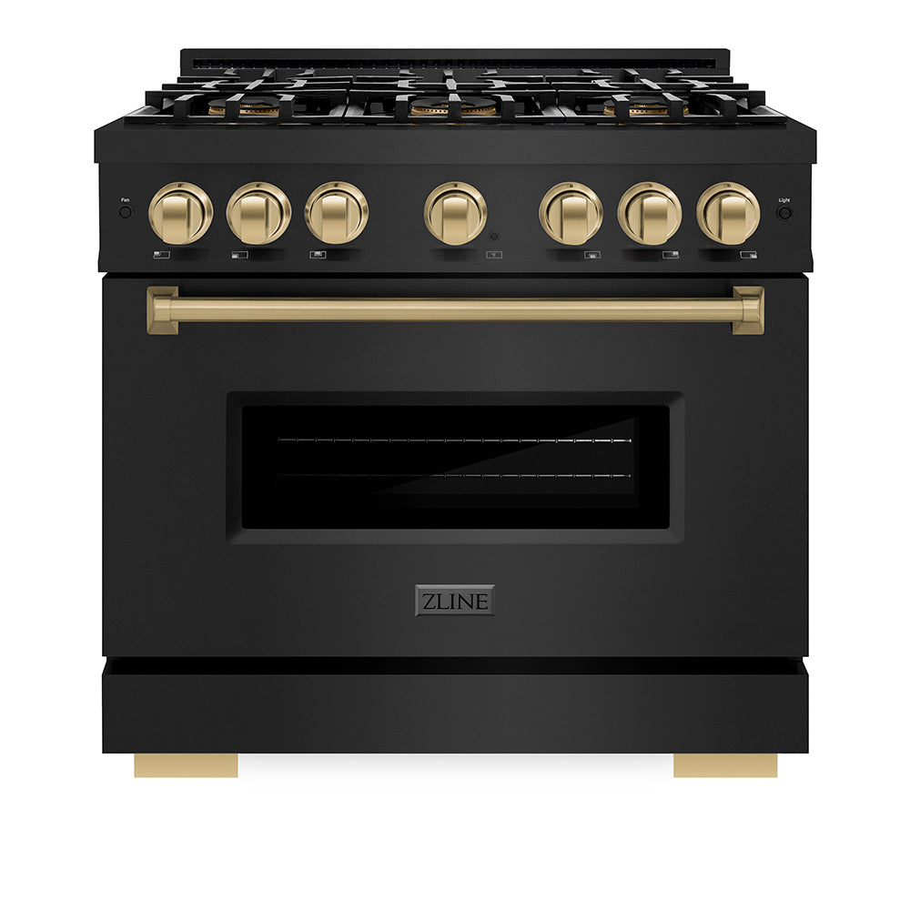 ZLINE Autograph Edition 36 in. 5.2 cu. ft. Classic Gas Range with 6 Burner DuoPro™ Cooktop and Convection Gas Oven in Black Stainless Steel and Champagne Bronze Accents (PCGRBZ-36-CB) front, oven closed.