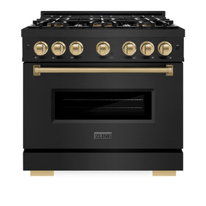 ZLINE Autograph Edition 36 in. 5.2 cu. ft. Classic Gas Range with 6 Burner DuoPro™ Cooktop and Convection Gas Oven in Black Stainless Steel and Champagne Bronze Accents (PCGRBZ-36-CB) front, oven closed.