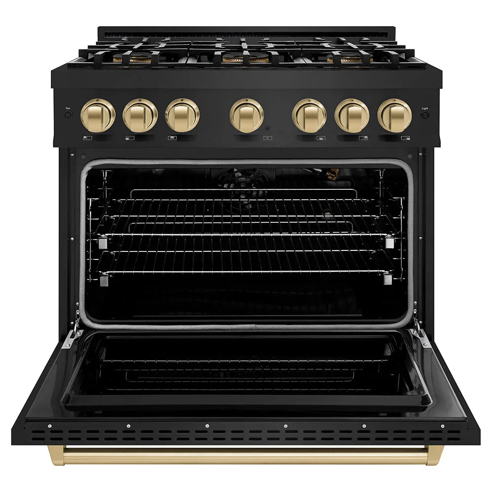 ZLINE Autograph Edition 36 in. 5.2 cu. ft. Classic Gas Range with 6 Burner DuoPro™ Cooktop and Convection Gas Oven in Black Stainless Steel and Champagne Bronze Accents (PCGRBZ-36-CB) front, oven open.