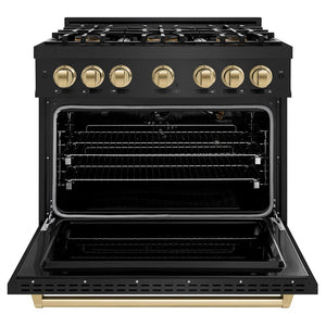 ZLINE Autograph Edition 36 in. 5.2 cu. ft. Classic Gas Range with 6 Burner DuoPro™ Cooktop and Convection Gas Oven in Black Stainless Steel and Champagne Bronze Accents (PCGRBZ-36-CB) front, oven open.
