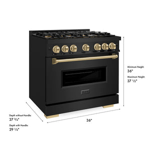 ZLINE Autograph Edition 36 in. 5.2 cu. ft. Classic Gas Range with 6 Burner DuoPro™ Cooktop and Convection Gas Oven in Black Stainless Steel and Champagne Bronze Accents (PCGRBZ-36-CB) dimensional diagram.
