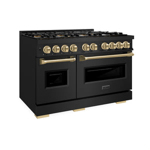ZLINE Autograph Edition 48 in. 6.7 cu. ft. Classic Gas Range with 8 Burner DuoPro™ Cooktop and Dual Ovens in Black Stainless Steel and Champagne Bronze Accents (PCGRBZ-48-CB) side.