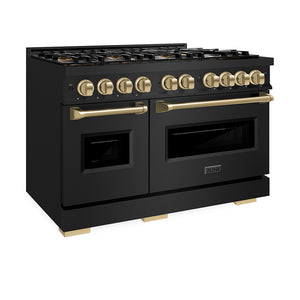 ZLINE Autograph Edition 48 in. 6.7 cu. ft. Classic Gas Range with 8 Burner DuoPro™ Cooktop and Dual Ovens in Black Stainless Steel and Champagne Bronze Accents (PCGRBZ-48-CB) side, oven closed.