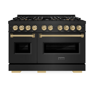 ZLINE Autograph Edition 48 in. 6.7 cu. ft. Classic Gas Range with 8 Burner DuoPro™ Cooktop and Dual Ovens in Black Stainless Steel and Champagne Bronze Accents (PCGRBZ-48-CB) front, oven closed.