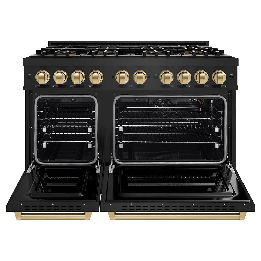 ZLINE Autograph Edition 48 in. 6.7 cu. ft. Classic Gas Range with 8 Burner DuoPro™ Cooktop and Dual Ovens in Black Stainless Steel and Champagne Bronze Accents (PCGRBZ-48-CB) front, oven open.
