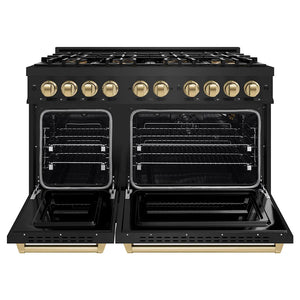 ZLINE Autograph Edition 48 in. 6.7 cu. ft. Classic Gas Range with 8 Burner DuoPro™ Cooktop and Dual Ovens in Black Stainless Steel and Champagne Bronze Accents (PCGRBZ-48-CB) front, oven open.
