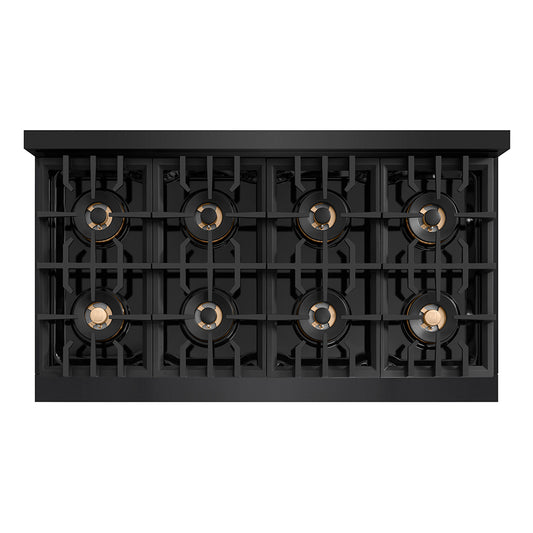 ZLINE Autograph Edition 48 in. 6.7 cu. ft. Classic Gas Range with 8 Burner DuoPro™ Cooktop and Dual Ovens in Black Stainless Steel and Champagne Bronze Accents (PCGRBZ-48-CB) top-down, above cooktop.