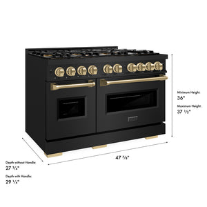 ZLINE Autograph Edition 48 in. 6.7 cu. ft. Classic Gas Range with 8 Burner DuoPro™ Cooktop and Dual Ovens in Black Stainless Steel and Champagne Bronze Accents (PCGRBZ-48-CB) dimensional diagram.