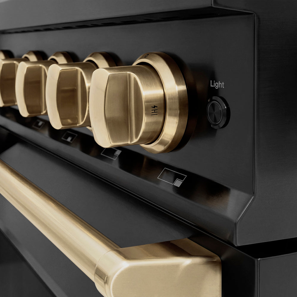 ZLINE Autograph Edition 48 in. 6.7 cu. ft. Classic Gas Range with 8 Burner DuoPro™ Cooktop and Dual Ovens in Black Stainless Steel and Champagne Bronze Accents (PCGRBZ-48-CB) cooktop and oven knobs.
