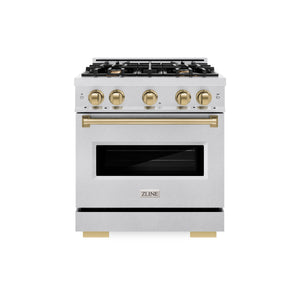 ZLINE Autograph Edition 30 in. 4.2 cu. ft. Classic Dual Fuel Range with 4 Burner Gas Cooktop and Electric Convection Oven in DuraSnow® Stainless Steel with Champagne Bronze Accents (CDRSZ-30-CB) front.