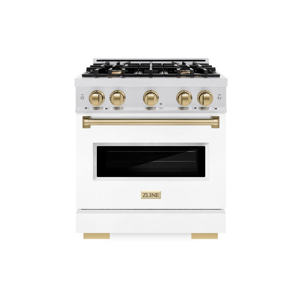 ZLINE Autograph Edition 30 in. 4.2 cu. ft. Classic Dual Fuel Range with 4 Burner Gas Cooktop and Electric Convection Oven in DuraSnow® Stainless Steel with White Matte Door and Champagne Bronze Accents (CDRSZ-WM-30-CB) front.