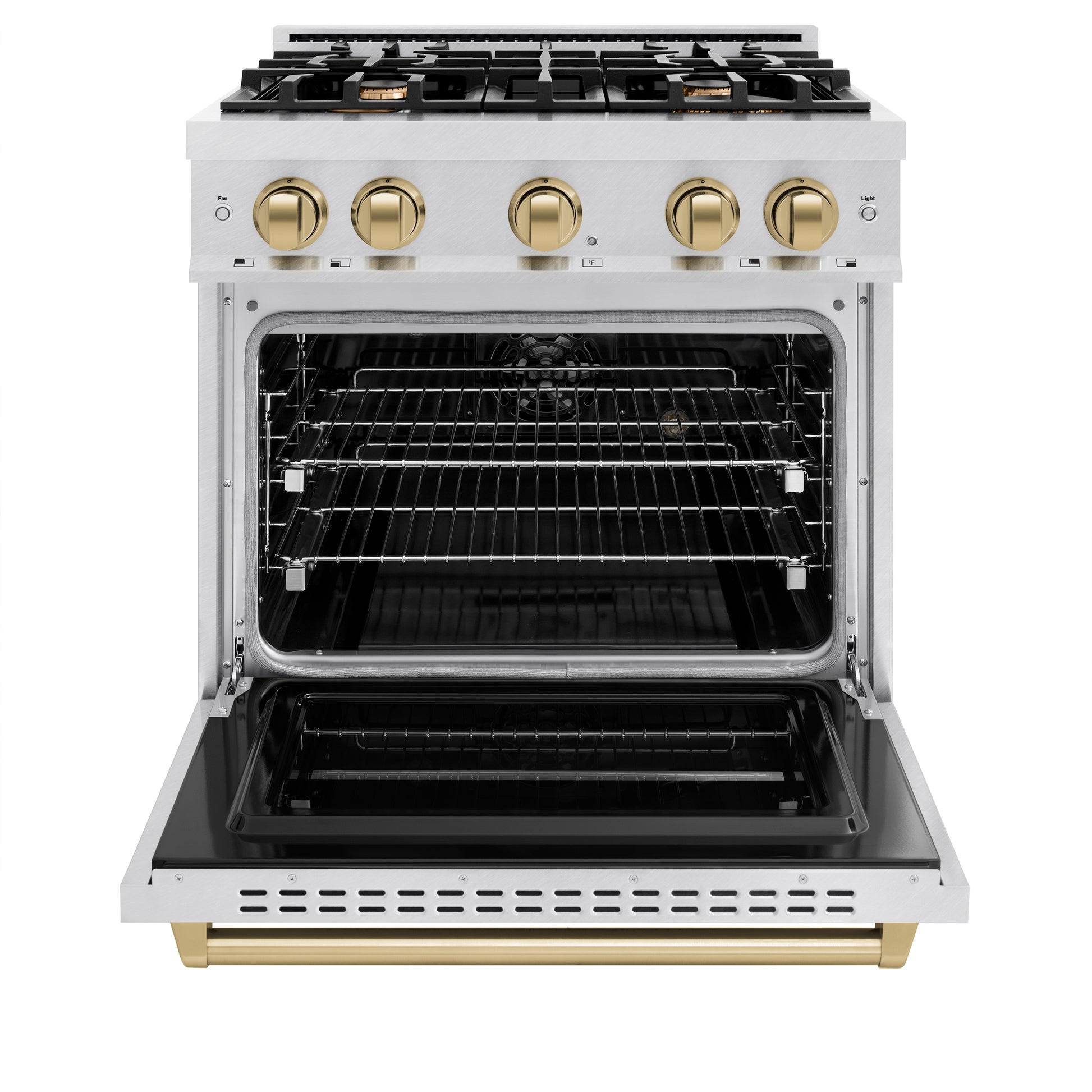 ZLINE Autograph Edition 30 in. 4.2 cu. ft. Classic Dual Fuel Range with 4 Burner Gas Cooktop and Electric Convection Oven in DuraSnow® Stainless Steel with Champagne Bronze Accents (CDRSZ-30-CB) front, open.