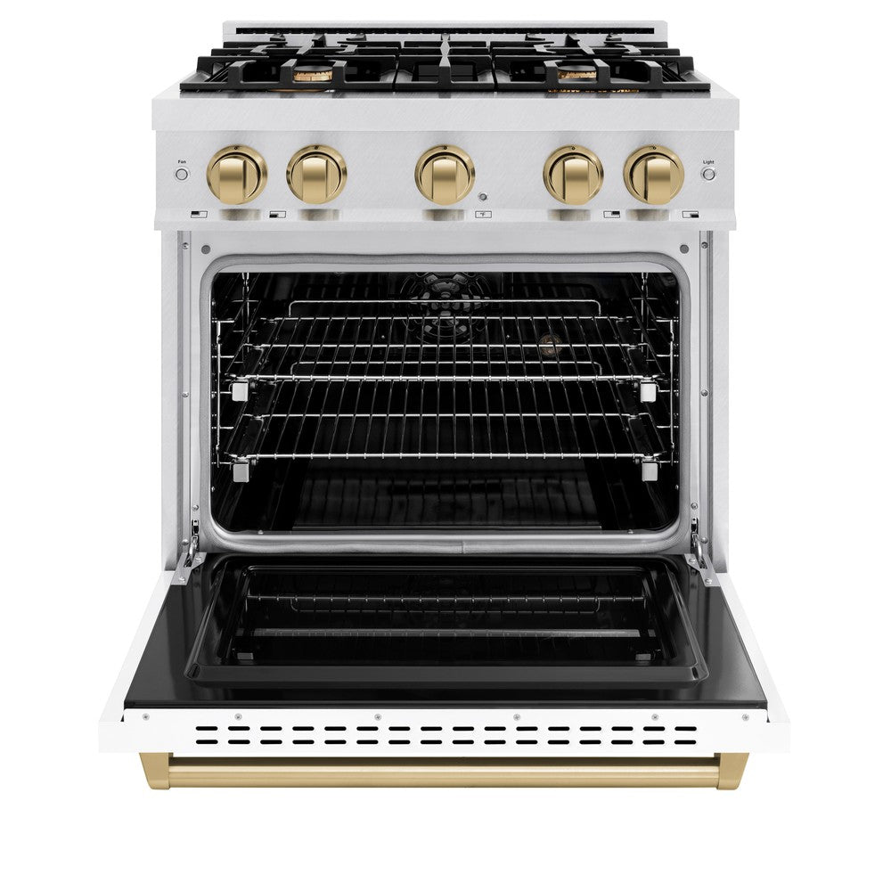 ZLINE Autograph Edition 30 in. 4.2 cu. ft. Classic Dual Fuel Range with 4 Burner Gas Cooktop and Electric Convection Oven in DuraSnow® Stainless Steel with White Matte Door and Champagne Bronze Accents (CDRSZ-WM-30-CB) front, open.