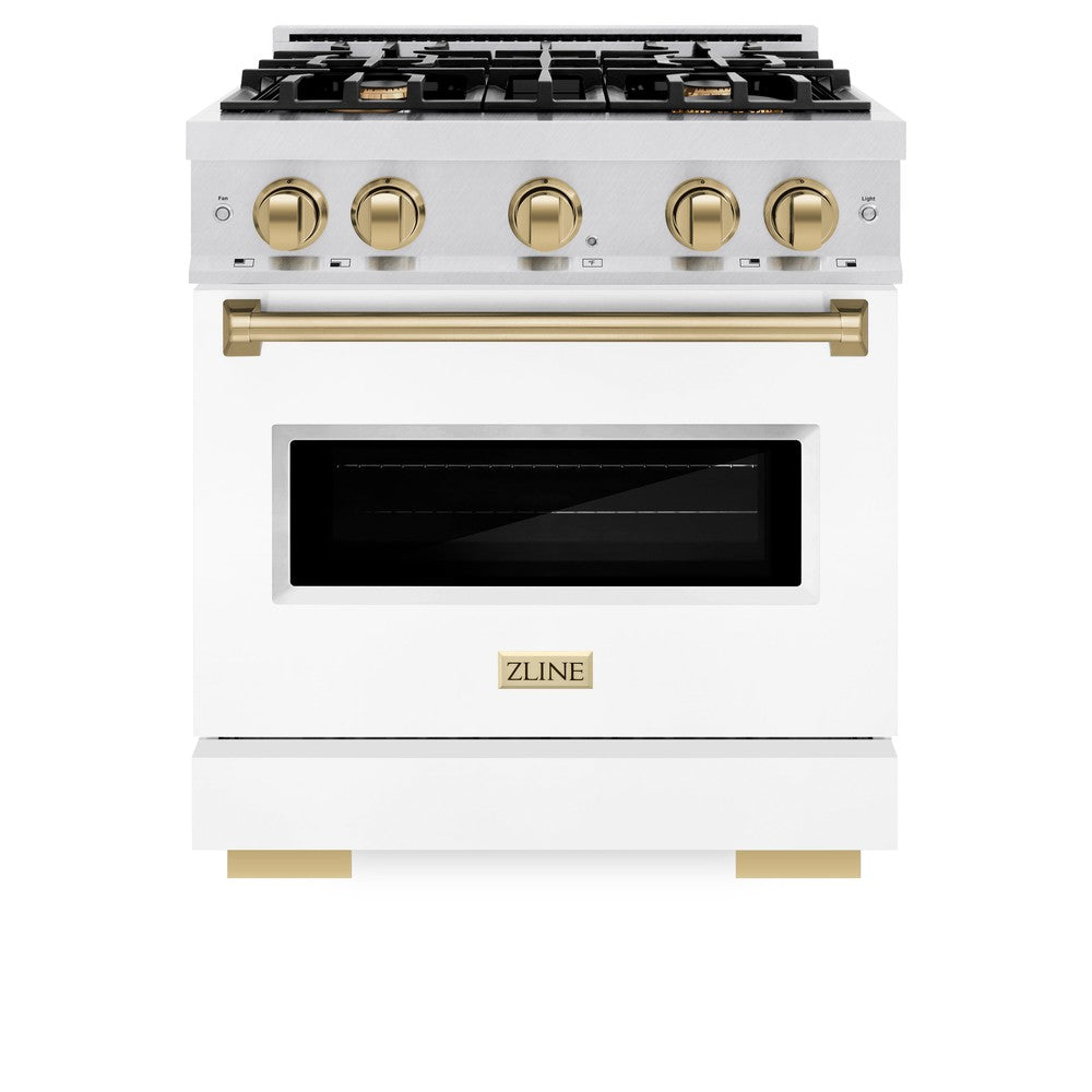 ZLINE Autograph Edition 30 in. 4.2 cu. ft. Classic Dual Fuel Range with 4 Burner Gas Cooktop and Electric Convection Oven in DuraSnow® Stainless Steel with White Matte Door and Champagne Bronze Accents (CDRSZ-WM-30-CB) front, closed.