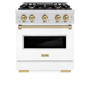 ZLINE Autograph Edition 30 in. 4.2 cu. ft. Classic Dual Fuel Range with 4 Burner Gas Cooktop and Electric Convection Oven in DuraSnow® Stainless Steel with White Matte Door and Champagne Bronze Accents (CDRSZ-WM-30-CB) front, closed.