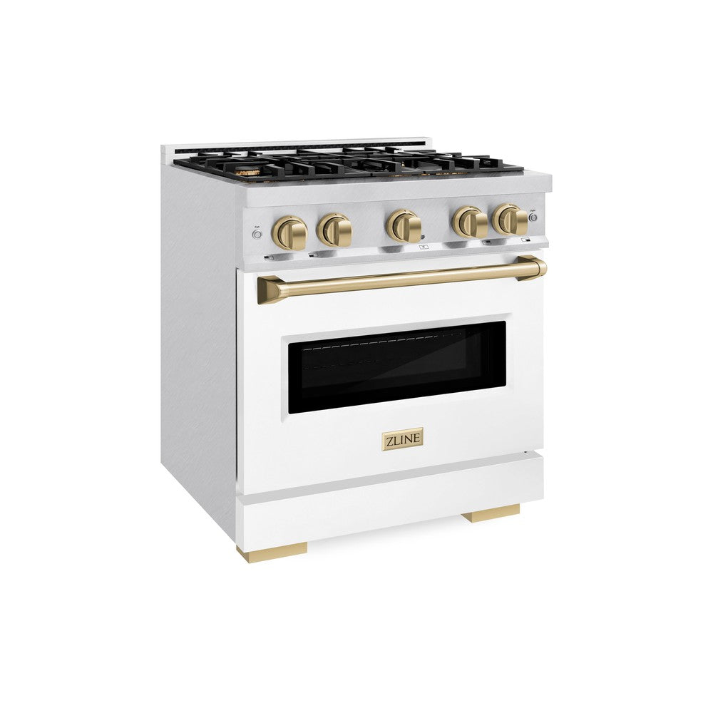 ZLINE Autograph Edition 30 in. 4.2 cu. ft. Classic Dual Fuel Range with 4 Burner Gas Cooktop and Electric Convection Oven in DuraSnow® Stainless Steel with White Matte Door and Champagne Bronze Accents (CDRSZ-WM-30-CB)