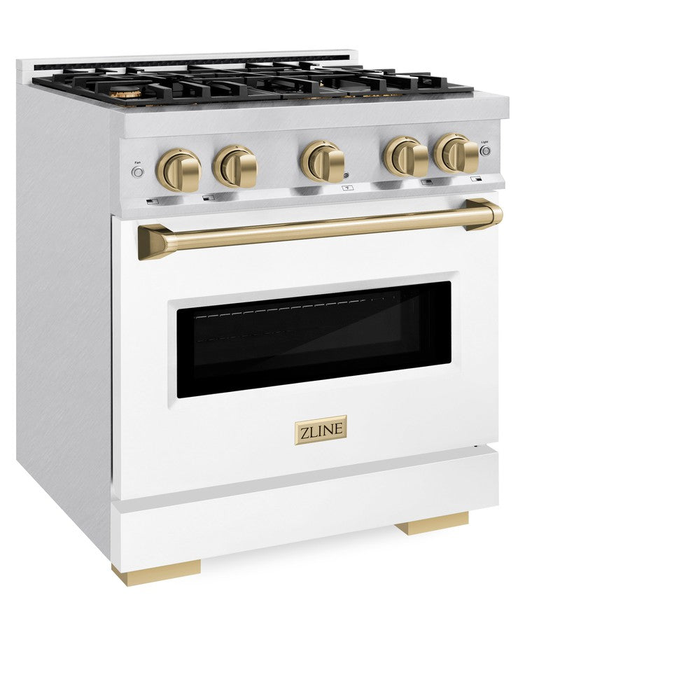 ZLINE Autograph Edition 30 in. 4.2 cu. ft. Classic Dual Fuel Range with 4 Burner Gas Cooktop and Electric Convection Oven in DuraSnow® Stainless Steel with White Matte Door and Champagne Bronze Accents (CDRSZ-WM-30-CB) side, closed.