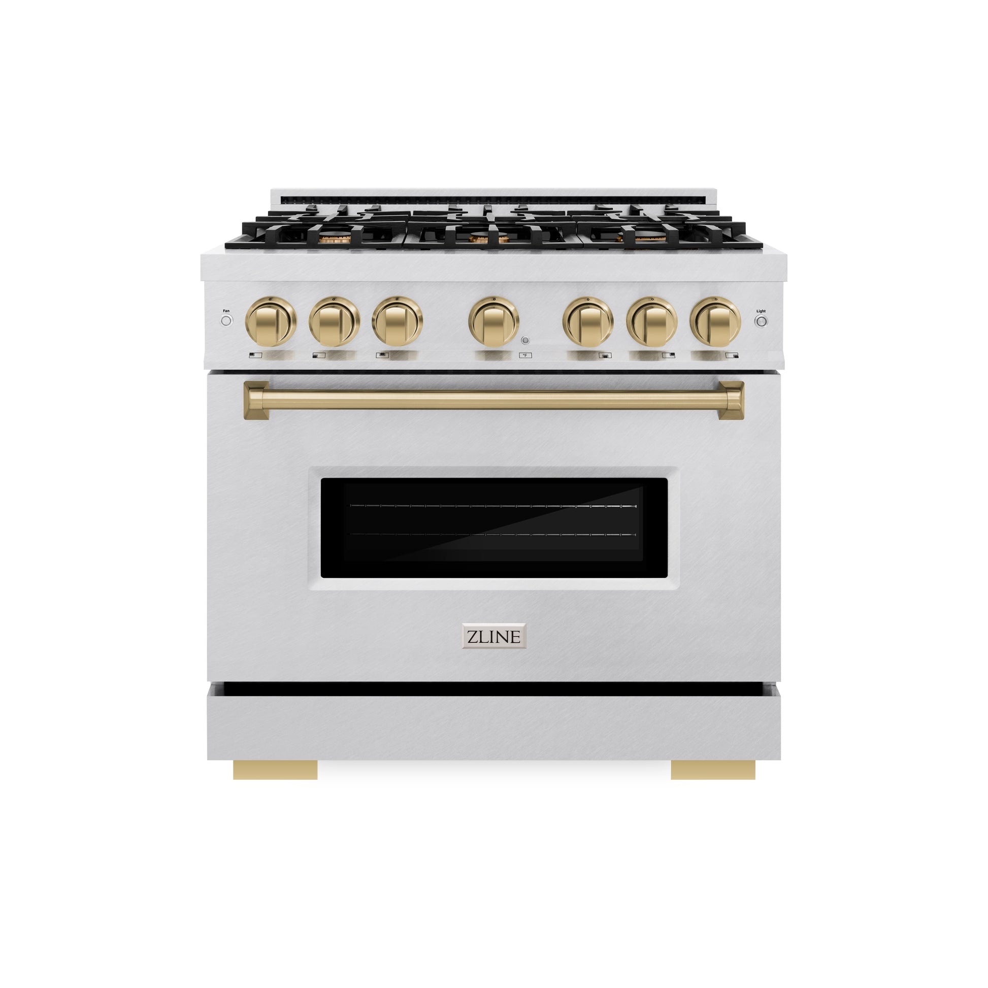 ZLINE Autograph Edition 36 in. 5.2 cu. ft. Classic Dual Fuel Range with 6 Burner Gas Cooktop and Electric Convection Oven in DuraSnow® Stainless Steel with Champagne Bronze Accents (CDRSZ-36-CB) front.