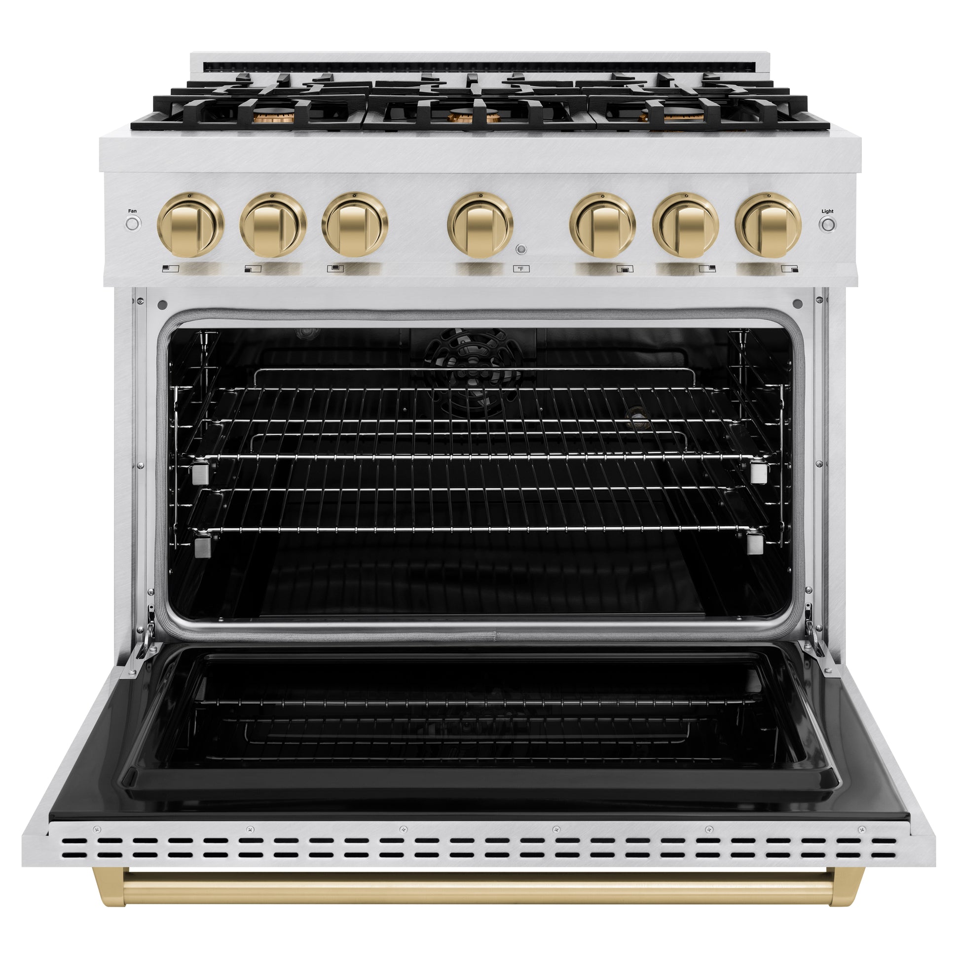 ZLINE Autograph Edition 36 in. 5.2 cu. ft. Classic Dual Fuel Range with 6 Burner Gas Cooktop and Electric Convection Oven in DuraSnow® Stainless Steel with Champagne Bronze Accents (CDRSZ-36-CB) front, open.