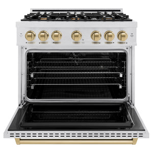 ZLINE Autograph Edition 36 in. 5.2 cu. ft. Classic Dual Fuel Range with 6 Burner Gas Cooktop and Electric Convection Oven in DuraSnow® Stainless Steel with Champagne Bronze Accents (CDRSZ-36-CB) front, open.