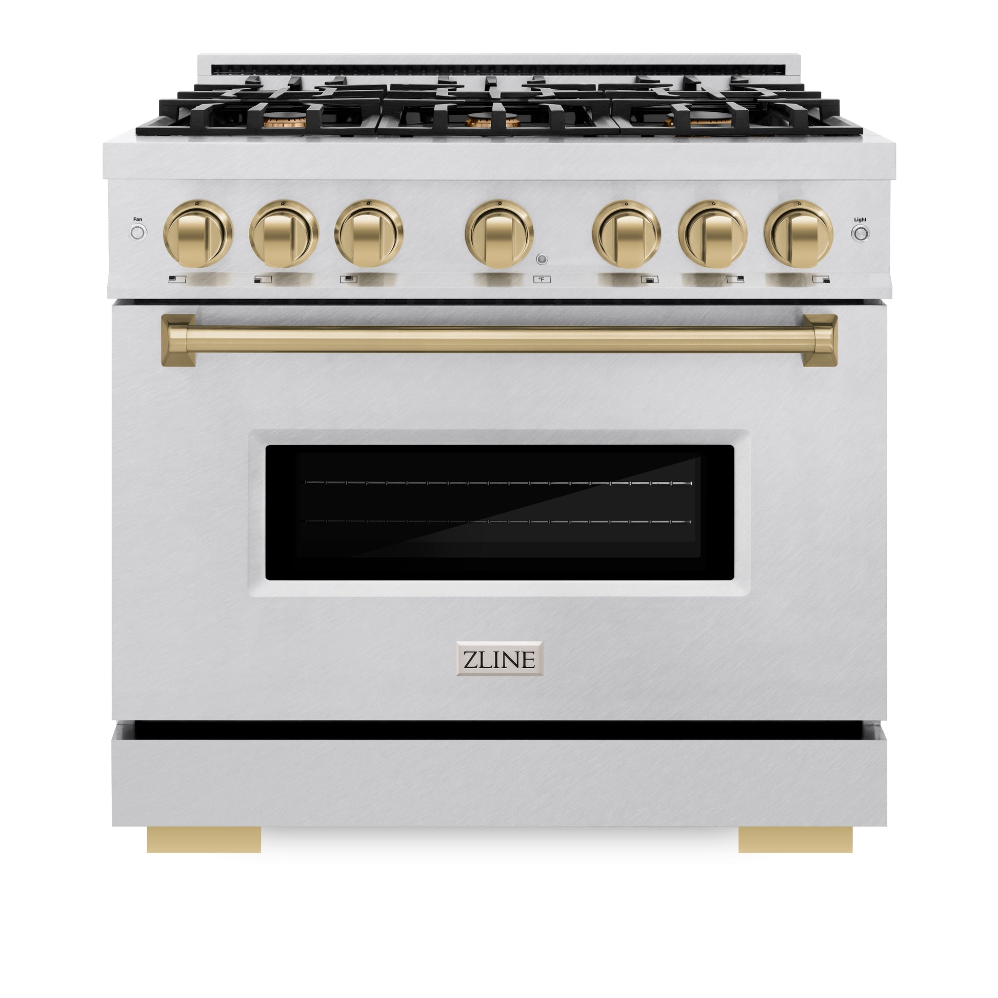 ZLINE Autograph Edition 36 in. 5.2 cu. ft. Classic Dual Fuel Range with 6 Burner Gas Cooktop and Electric Convection Oven in DuraSnow® Stainless Steel with Champagne Bronze Accents (CDRSZ-36-CB) front, closed.