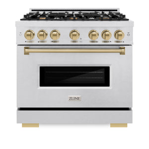 ZLINE Autograph Edition 36 in. 5.2 cu. ft. Classic Dual Fuel Range with 6 Burner Gas Cooktop and Electric Convection Oven in DuraSnow® Stainless Steel with Champagne Bronze Accents (CDRSZ-36-CB) front, closed.