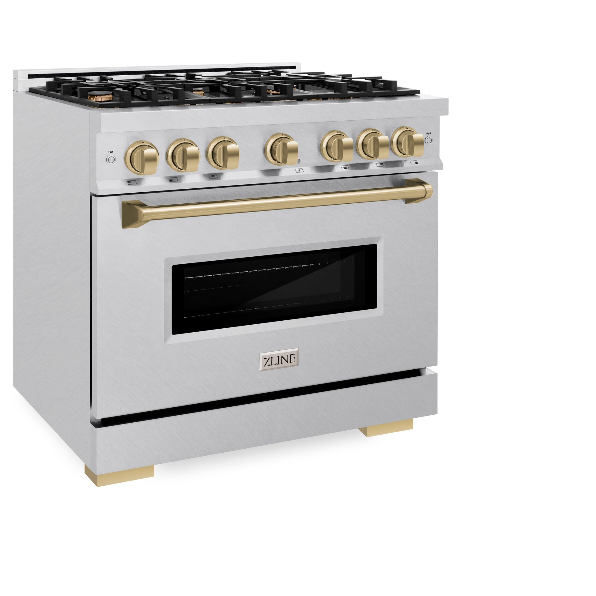 ZLINE Autograph Edition 36 in. 5.2 cu. ft. Classic Dual Fuel Range with 6 Burner Gas Cooktop and Electric Convection Oven in DuraSnow® Stainless Steel with Champagne Bronze Accents (CDRSZ-36-CB) side, closed.