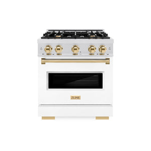 ZLINE Autograph Edition 30 in. 4.2 cu. ft. Classic Dual Fuel Range with 4 Burner Gas Cooktop and Electric Convection Oven in DuraSnow® Stainless Steel with White Matte Door and Polished Gold Accents (CDRSZ-WM-30-G) front.