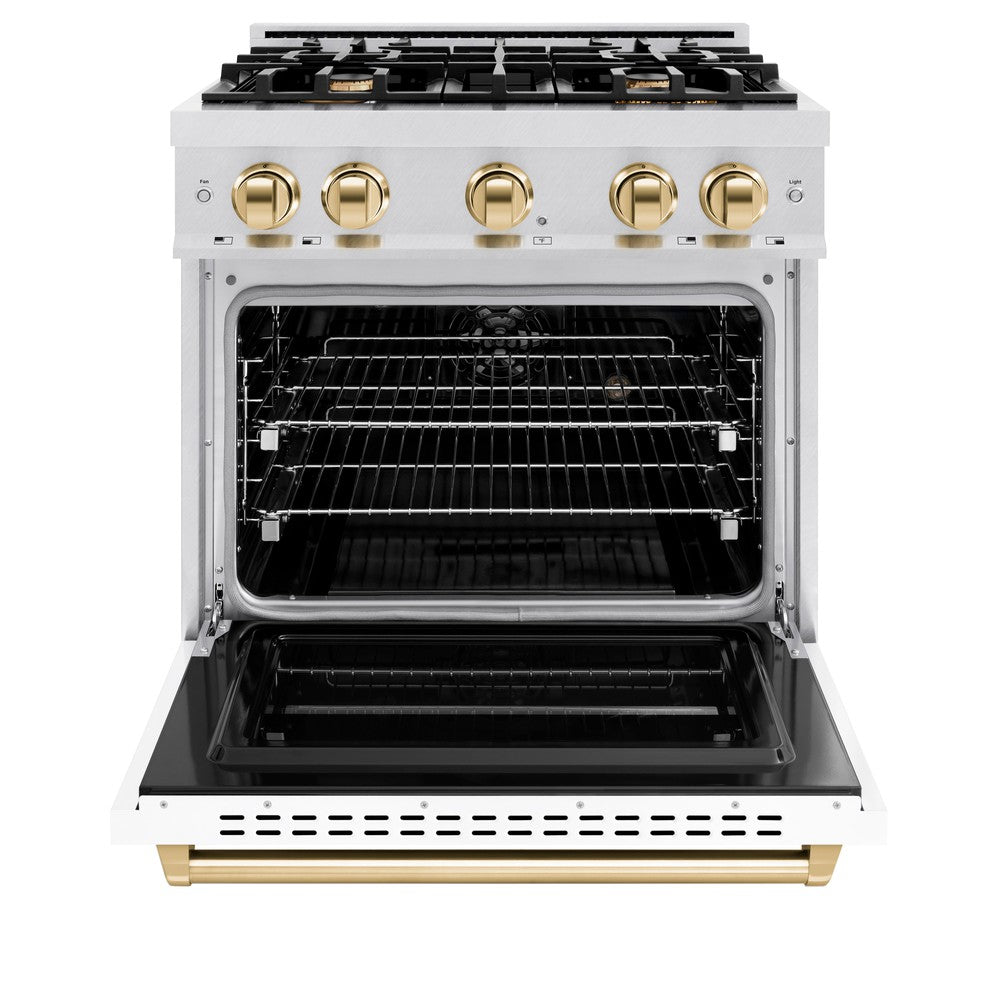 ZLINE Autograph Edition 30 in. 4.2 cu. ft. Classic Dual Fuel Range with 4 Burner Gas Cooktop and Electric Convection Oven in DuraSnow® Stainless Steel with White Matte Door and Polished Gold Accents (CDRSZ-WM-30-G) front, open.