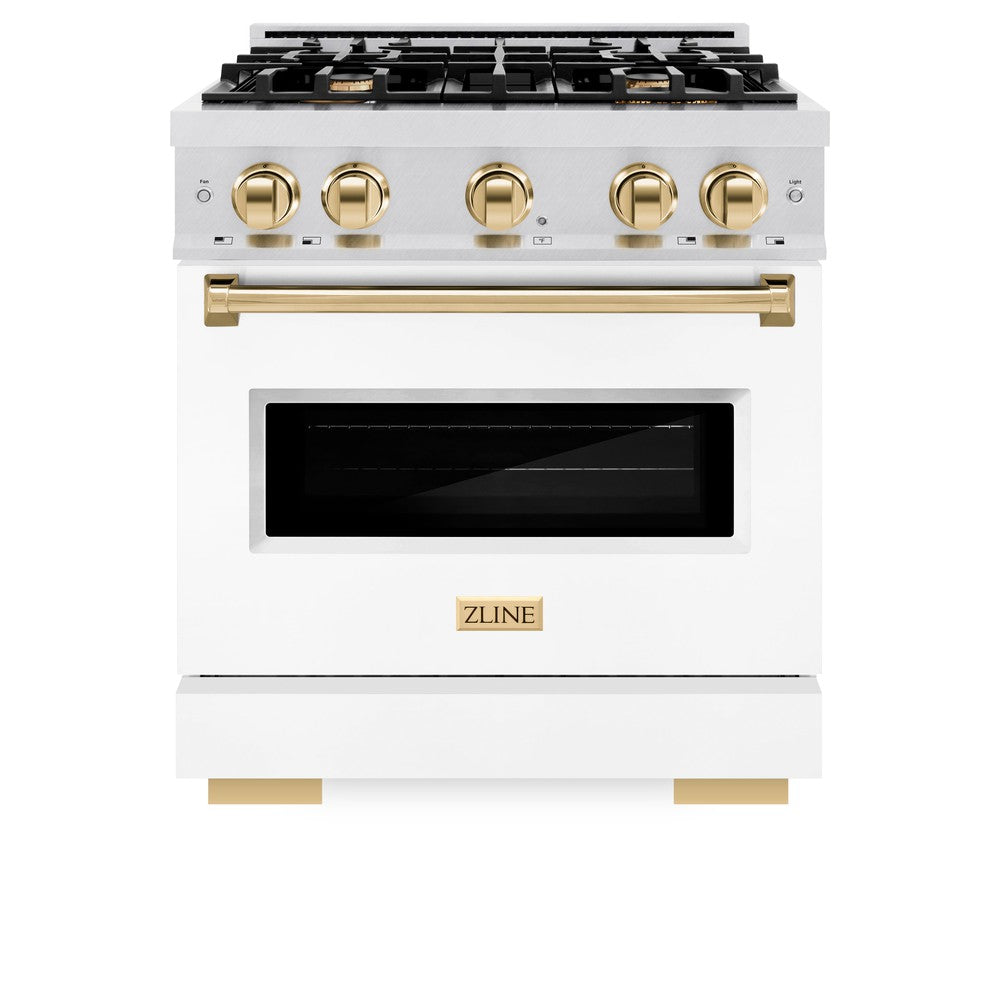 ZLINE Autograph Edition 30 in. 4.2 cu. ft. Classic Dual Fuel Range with 4 Burner Gas Cooktop and Electric Convection Oven in DuraSnow® Stainless Steel with White Matte Door and Polished Gold Accents (CDRSZ-WM-30-G) front, closed.