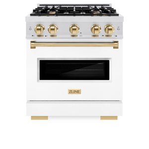 ZLINE Autograph Edition 30 in. 4.2 cu. ft. Classic Dual Fuel Range with 4 Burner Gas Cooktop and Electric Convection Oven in DuraSnow® Stainless Steel with White Matte Door and Polished Gold Accents (CDRSZ-WM-30-G) front, closed.