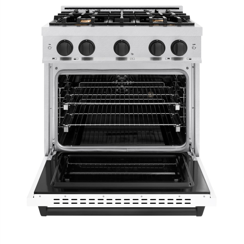 ZLINE Autograph Edition 30 in. 4.2 cu. ft. Classic Dual Fuel Range with 4 Burner Gas Cooktop and Electric Convection Oven in DuraSnow® Stainless Steel with White Matte Door and Matte Black Accents (CDRSZ-WM-30-MB) front, oven open.