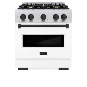 ZLINE Autograph Edition 30 in. 4.2 cu. ft. Classic Dual Fuel Range with 4 Burner Gas Cooktop and Electric Convection Oven in DuraSnow® Stainless Steel with White Matte Door and Matte Black Accents (CDRSZ-WM-30-MB) front, oven closed.