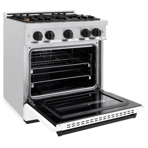 ZLINE Autograph Edition 30 in. 4.2 cu. ft. Classic Dual Fuel Range with 4 Burner Gas Cooktop and Electric Convection Oven in DuraSnow® Stainless Steel with White Matte Door and Matte Black Accents (CDRSZ-WM-30-MB) side, oven open.