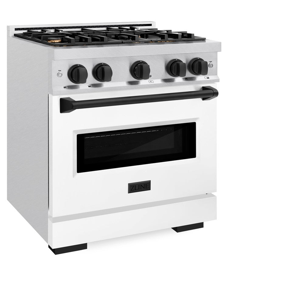 ZLINE Autograph Edition 30 in. 4.2 cu. ft. Classic Dual Fuel Range with 4 Burner Gas Cooktop and Electric Convection Oven in DuraSnow® Stainless Steel with White Matte Door and Matte Black Accents (CDRSZ-WM-30-MB) side, oven closed.