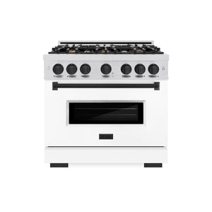 ZLINE Autograph Edition 36 in. 5.2 cu. ft. Classic Dual Fuel Range with 6 Burner Gas Cooktop and Electric Convection Oven in DuraSnow® Stainless Steel with White Matte Door and Matte Black Accents (CDRSZ-WM-36-MB)