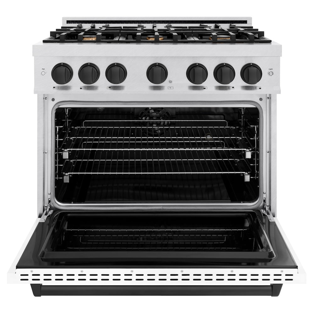 ZLINE Autograph Edition 36 in. 5.2 cu. ft. Classic Dual Fuel Range with 6 Burner Gas Cooktop and Electric Convection Oven in DuraSnow® Stainless Steel with White Matte Door and Matte Black Accents (CDRSZ-WM-36-MB)