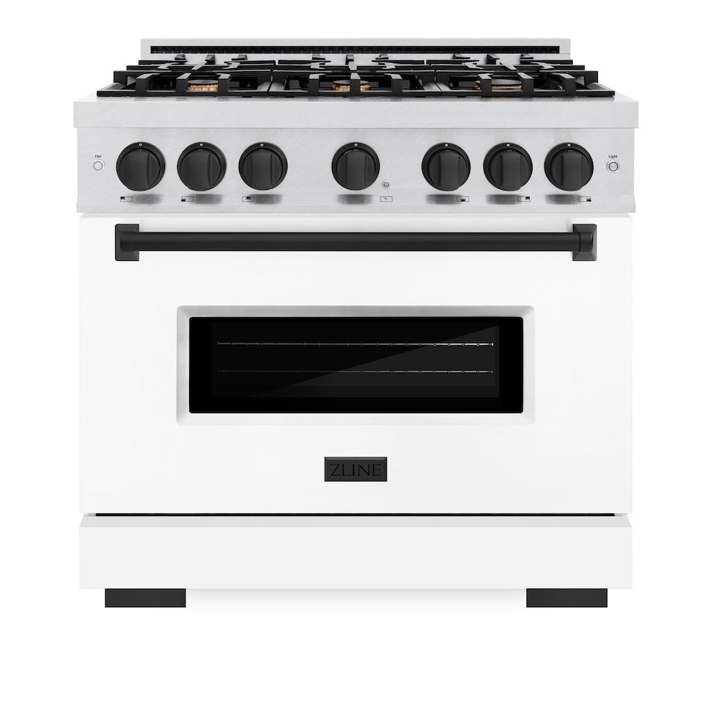 ZLINE Autograph Edition 36 in. 5.2 cu. ft. Classic Dual Fuel Range with 6 Burner Gas Cooktop and Electric Convection Oven in DuraSnow® Stainless Steel with White Matte Door and Matte Black Accents (CDRSZ-WM-36-MB)