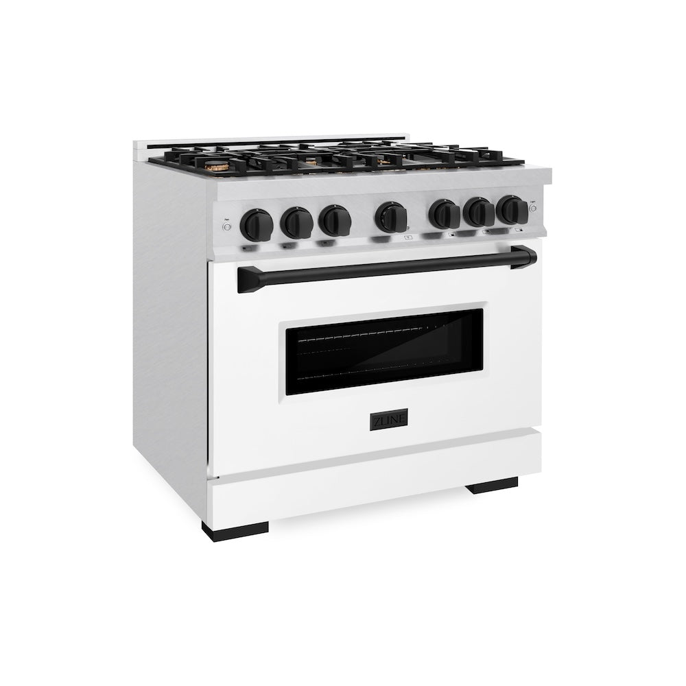 ZLINE Autograph Edition 36 in. 5.2 cu. ft. Classic Dual Fuel Range with 6 Burner Gas Cooktop and Electric Convection Oven in DuraSnow® Stainless Steel with White Matte Door and Matte Black Accents (CDRSZ-WM-36-MB)