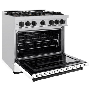 ZLINE Autograph Edition 36 in. 5.2 cu. ft. Classic Dual Fuel Range with 6 Burner Gas Cooktop and Electric Convection Oven in DuraSnow® Stainless Steel with White Matte Door and Matte Black Accents (CDRSZ-WM-36-MB)