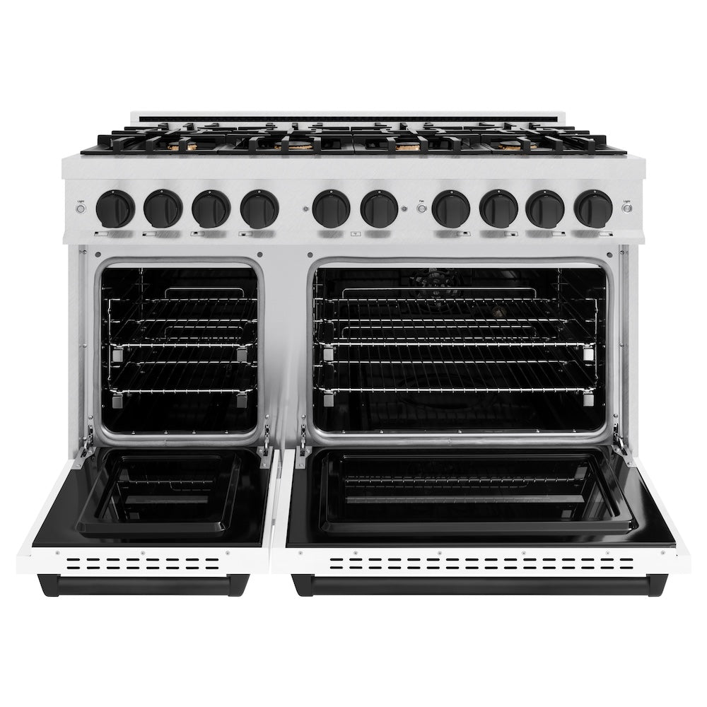 ZLINE Autograph Edition 48 in. 6.7 cu. ft. Classic Double Oven Dual Fuel Range with 8 Burner Gas Cooktop in DuraSnow® Stainless Steel with White Matte Doors and Matte Black Accents (CDRSZ-WM-48-MB)