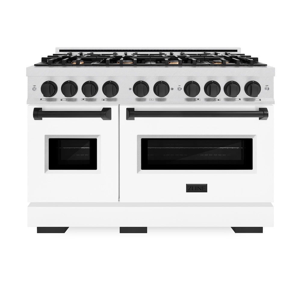 ZLINE Autograph Edition 48 in. 6.7 cu. ft. Classic Double Oven Dual Fuel Range with 8 Burner Gas Cooktop in DuraSnow® Stainless Steel with White Matte Doors and Matte Black Accents (CDRSZ-WM-48-MB)