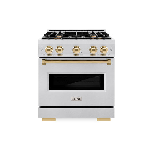 ZLINE Autograph Edition 30 in. 4.2 cu. ft. Classic Dual Fuel Range with 4 Burner Gas Cooktop and Electric Convection Oven in DuraSnow® Stainless Steel with Polished Gold Accents (CDRSZ-30-G)