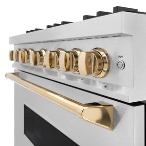 ZLINE Autograph Edition 36 in. 5.2 cu. ft. Classic Dual Fuel Range with 6 Burner Gas Cooktop and Electric Convection Oven in DuraSnow® Stainless Steel with Polished Gold Accents (CDRSZ-36-G)